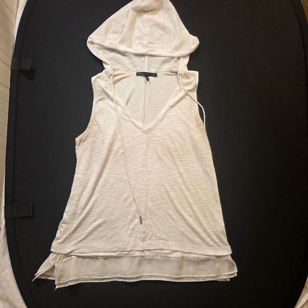 White House Black Market Womens Cream Sleeveless V-Neck Hoodie Top‎ Large